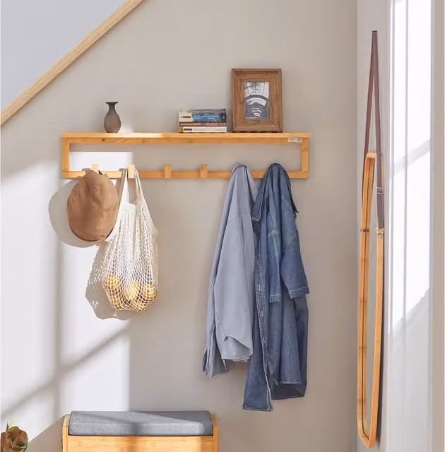 SoBuy FHK06-N Brown Lacquered Bamboo Wall Mounted Coat Rack and Towel Shelf with 6 Hooks