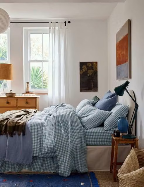 Piglet In Bed Blue Mix Checked Pure Linen Duvet Cover