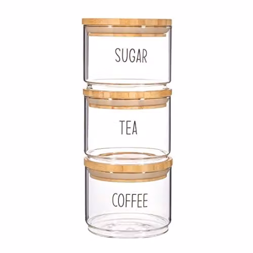 Sass & Belle Set of 3 Airtight Stackable Glass Tea, Coffee and Sugar Jars with Bamboo Lids in Transparent