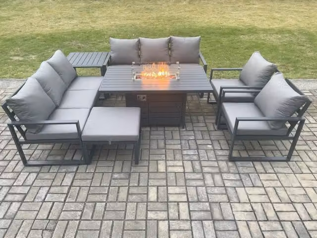 Fimous Aluminium Outdoor Garden Furniture Set in Dark Grey with Gas Fire Pit Dining Table, Lounge Sofa, Footstool and Side Table