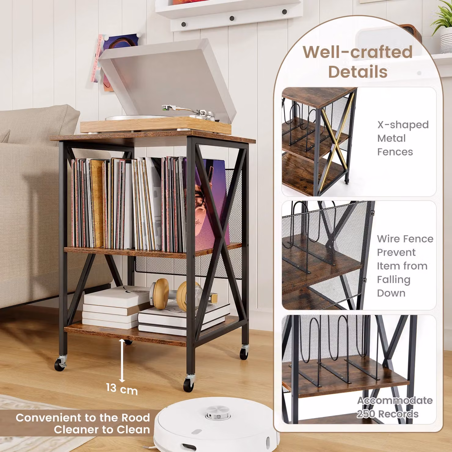 Costway Brown Record Player and Turntable Stand with Divider and Castors – 4