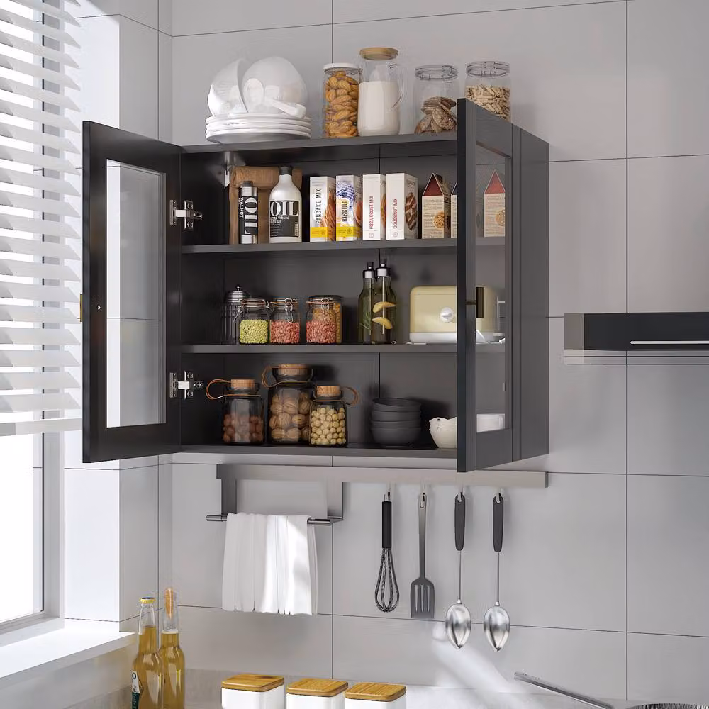 KEEPREAPER Modern Wall Mounted Kitchen Cabinet with 2 Glass Doors, Black and Gold, W/D/H: 70 x 23 x 60 cm – 3