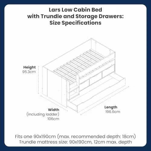 Flair Furnishings Lars Low Kids Trundle Bed with Drawers, White and Grey, W/D/H: 100 x 200 x 95.3 cm – 2