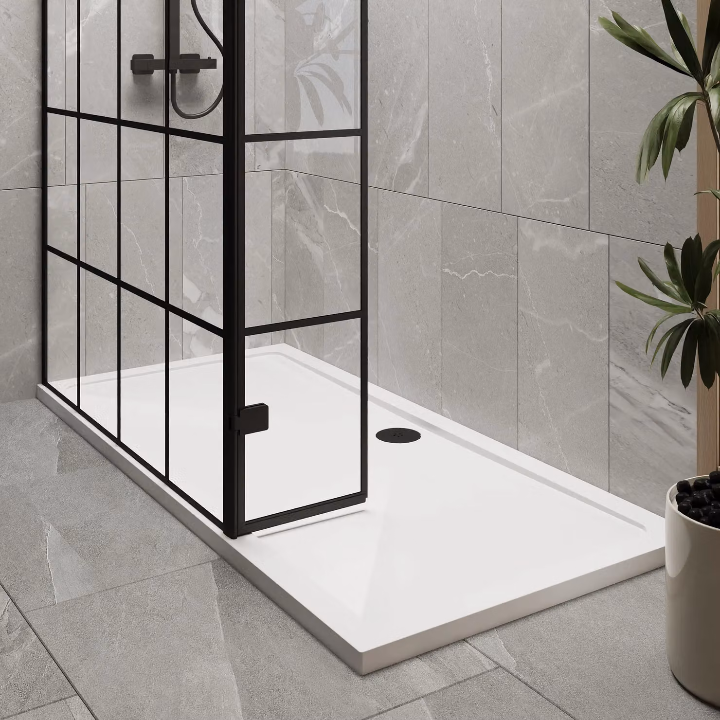 Balterley 8mm Glass Walk-In Wetroom Screen and Return with Tray, Black Framed, W: 1700 mm, D: 800 mm – 2