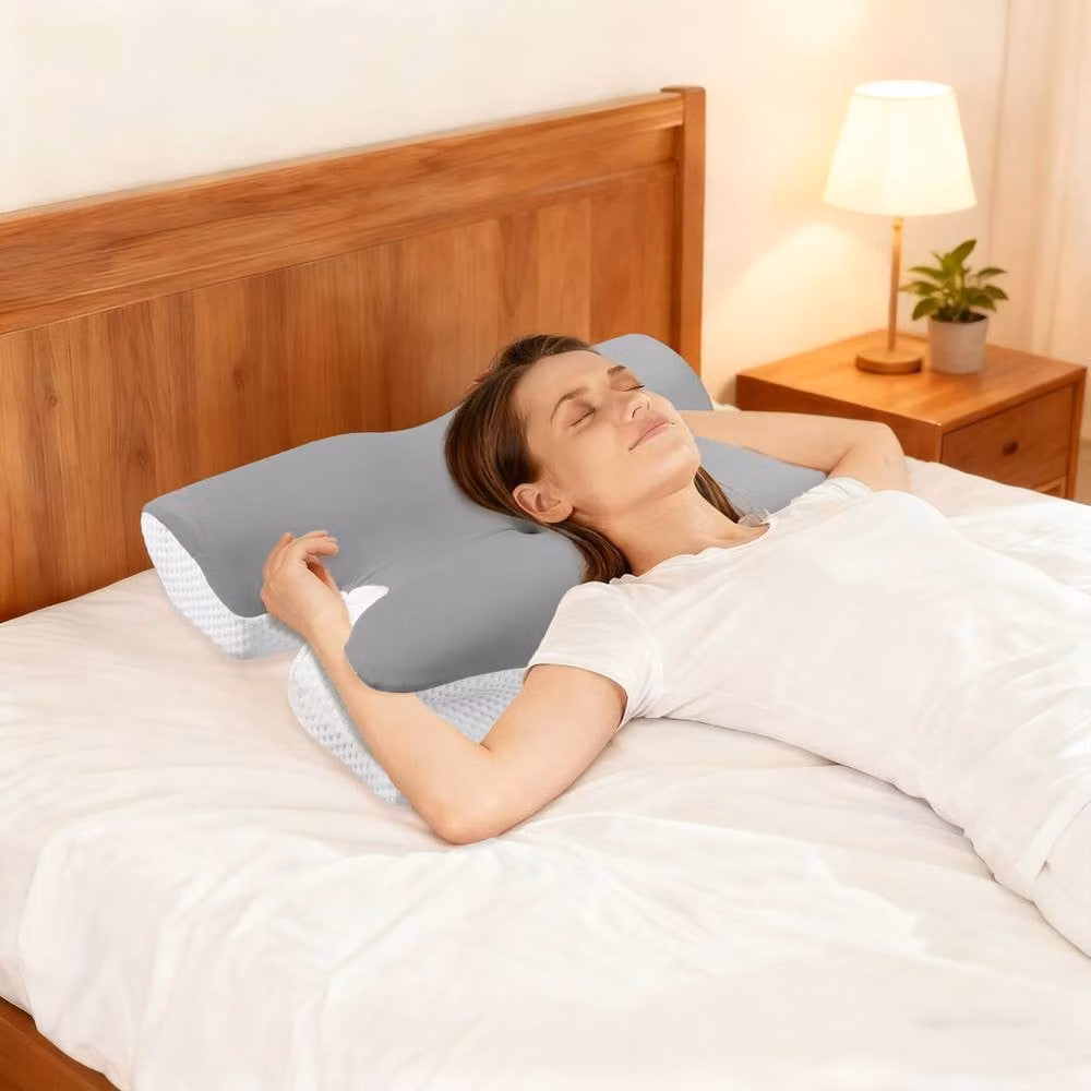 Lavio Memory Foam Ergonomic Horn Pillow in Grey with Cooling Ice Silk Removable Cover for Neck and Shoulder Pain Relief – 2