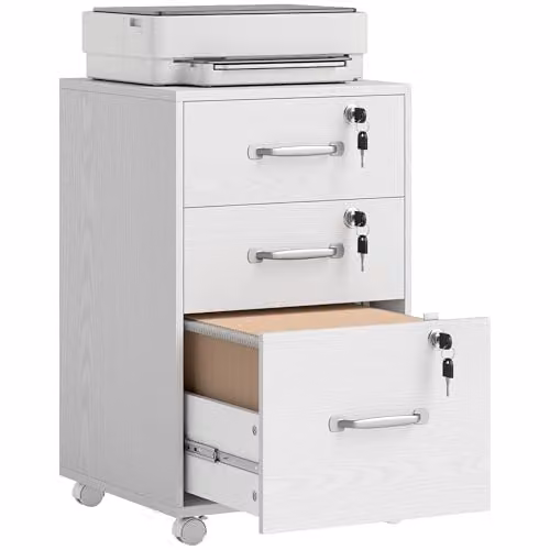 HOMCOM Mobile 3 Drawer Filing Cabinet with Lock and Castors, White