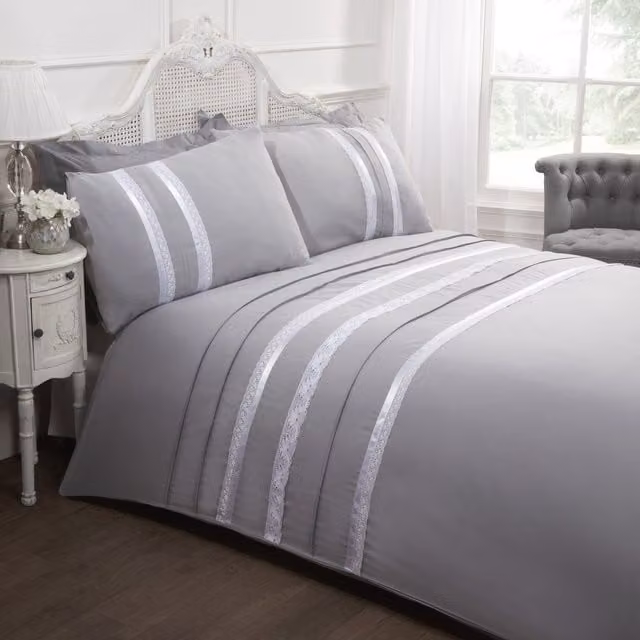 Rapport Home Annabella Polycotton Striped Duvet Set with Pillowcase, Silver/Grey, W: 140 cm, L: 200 cm