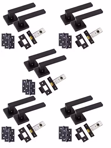 Golden Grace Delta Door Handles, Hinges and Latch Set in Matte Black, 5 Pairs – 1
