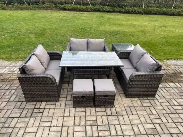 Fimous 8 Seater Outdoor Rattan Garden Furniture Set in Dark Grey with Rectangular Dining Table, Love Sofa, Side Table and 2 Footstools