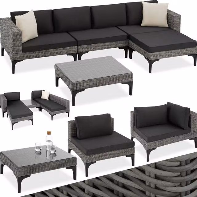 tectake Modern Grey Rattan Garden Sofa Set with Glass and Metal Details