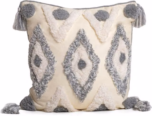 Intimates Boho Tassel Heavy Tuft Square Cushion in Grey and Multicolour