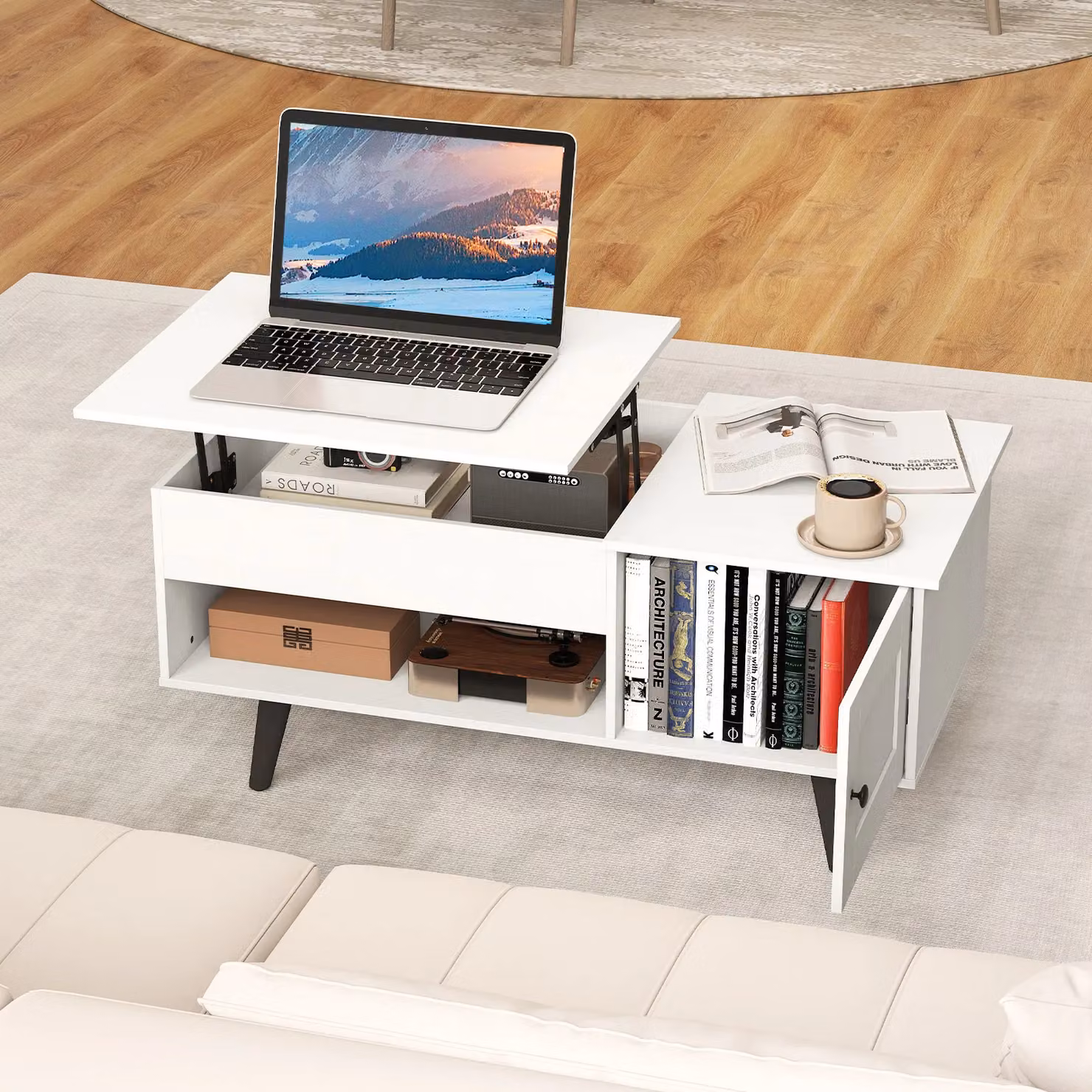 Gymax Modern White Lift Top Coffee Table with Hidden Compartment – 4
