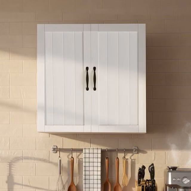 Levede Modern White Wall Mounted Kitchen and Bathroom Cabinet with Hinged Doors, W/D/H: 59.5 x 31.5 x 59.5 cm