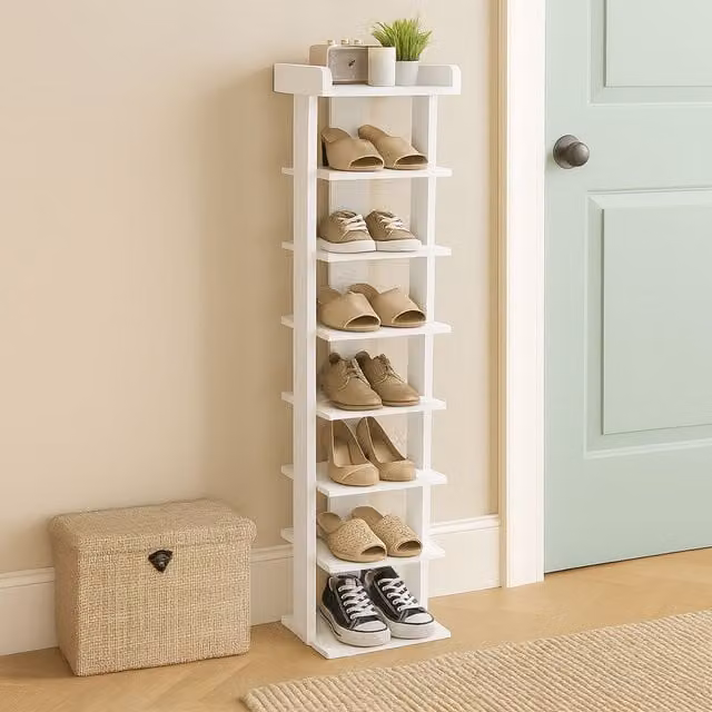 Neo 7 Tier Slim Narrow Wooden Shoe Rack Storage Cabinet in White