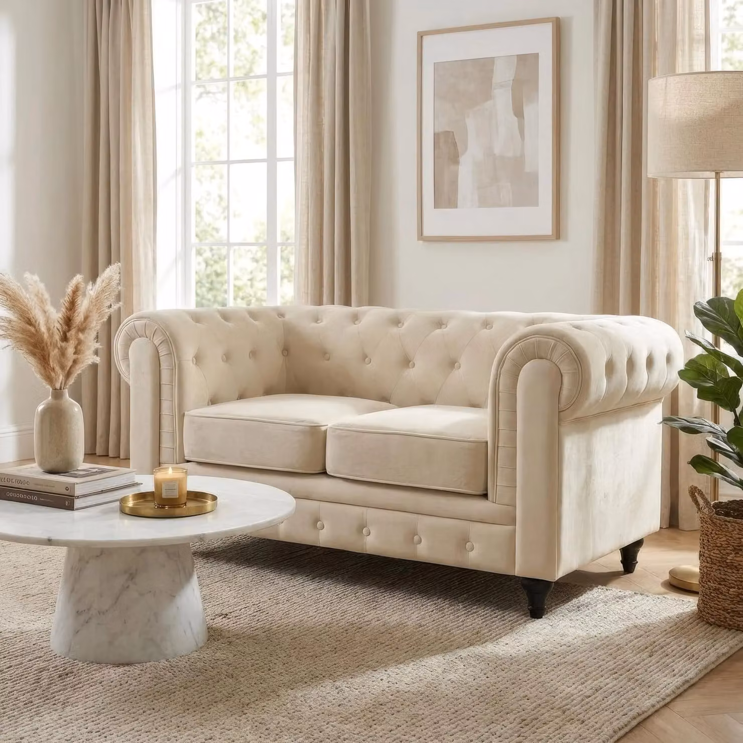 Bravich LTD 3 Seater Chesterfield Scroll Arm Velvet Sofa in Beige – 1