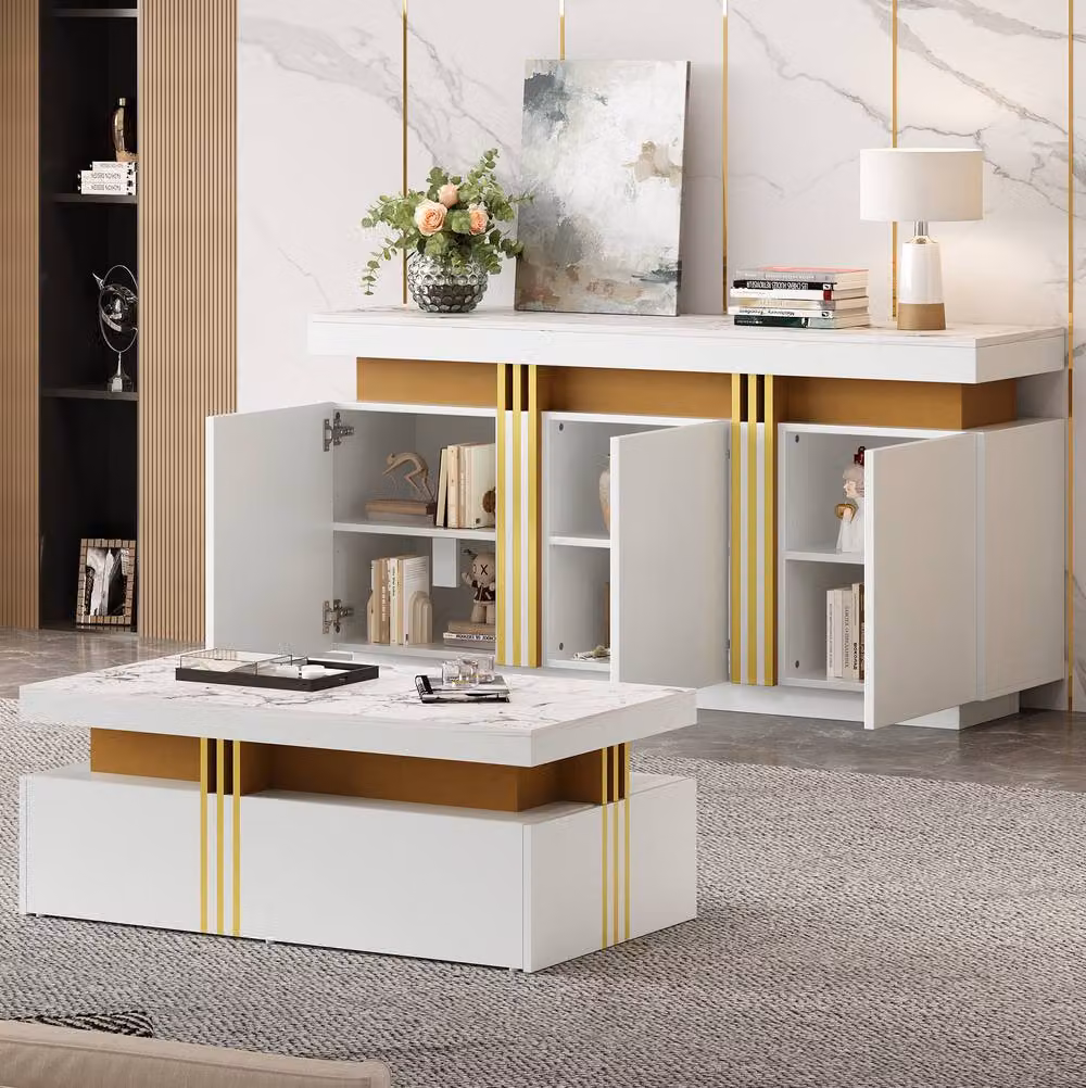 STILVORA 3 Piece Modern Living Room Furniture Set with Storage in White and Gold – 2