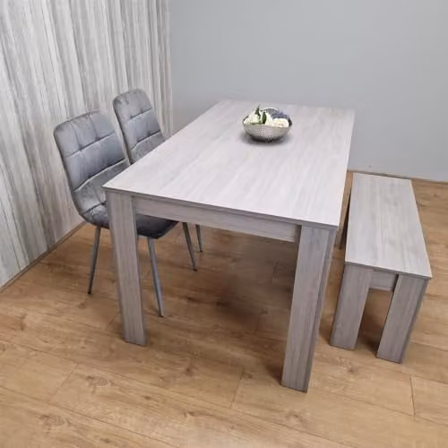 Kosy Koala Modern Grey Wood Effect Dining Table Set with 2 Grey Velvet Chairs and 1 Wood Bench, W/D/H: 117 x 77 x 75 cm – 1