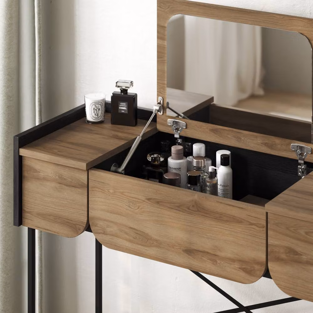 Decortie Terra Modern Dressing Table with Lift-Up Mirror and Two Drawers in Brown and Multicolour, W: 123.5 cm, D: 100.0 cm, H: 60.0 cm – 4