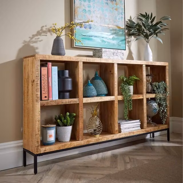 Home Source Stockton Mango Wood 8 Shelf Industrial Bookcase in Natural, Black and Brown