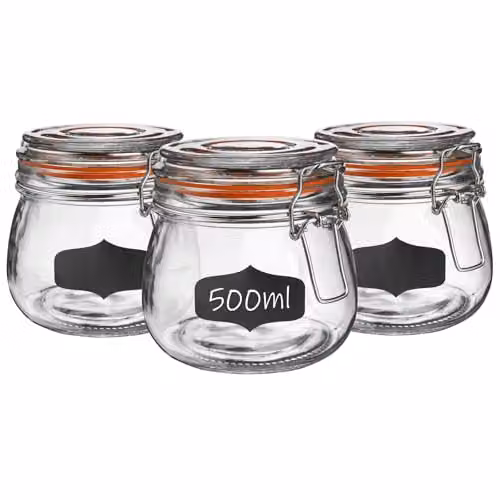 Argon Tableware Set of 6 Transparent Glass Storage Jars with Stainless Steel Clip Lids and Silicone Seals, 500ml – 1