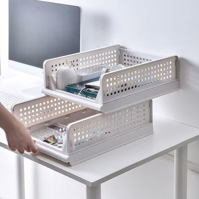 Livingandhome Foldable and Stackable Drawer Storage Basket in Grey and White, 20l
