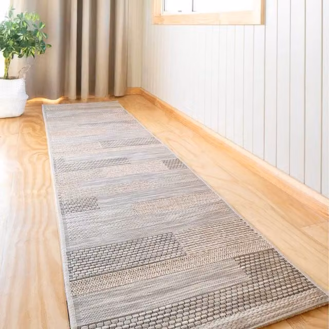 The Rug House Striped Moroccan Flatweave Indoor Outdoor Weatherproof Rug in Beige and Grey, W: 240 cm, D: 60 cm