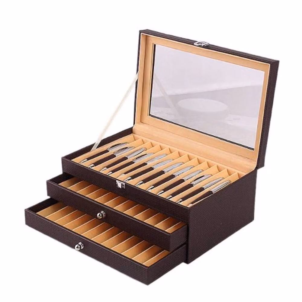 FORGEVIO Brown Leather 36-Slot Multi-Compartment Pen Display Case – 2