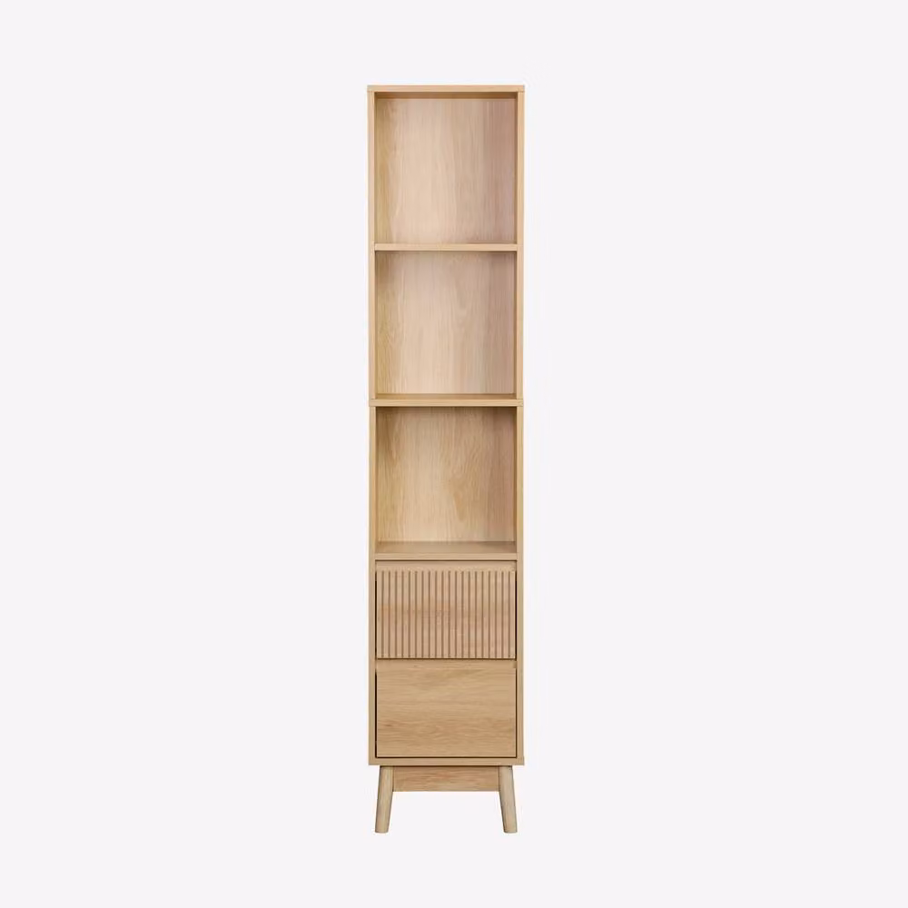 sweeek Scandinavian Style 3-Shelf Wood Storage Column with 2 Drawers in Light Brown, H 180 x W 64 x D 20 cm – 2