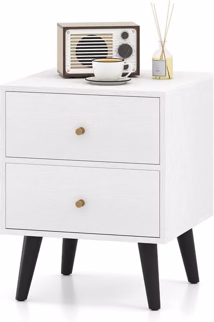 Gymax Mid Century Modern Bedside Table with 2 Drawers in White – 1