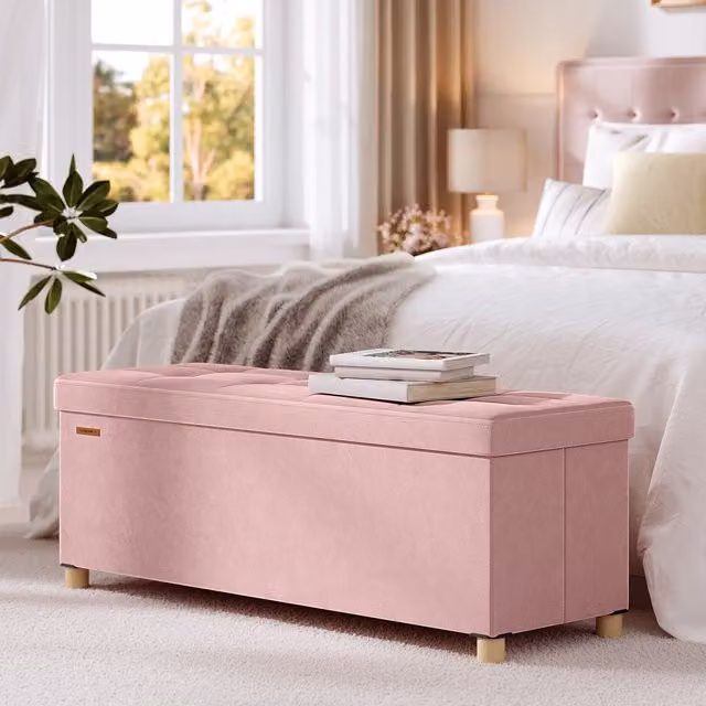 SONGMICS Velvet Storage Ottoman, Folding Pink Storage Bench with Lid
