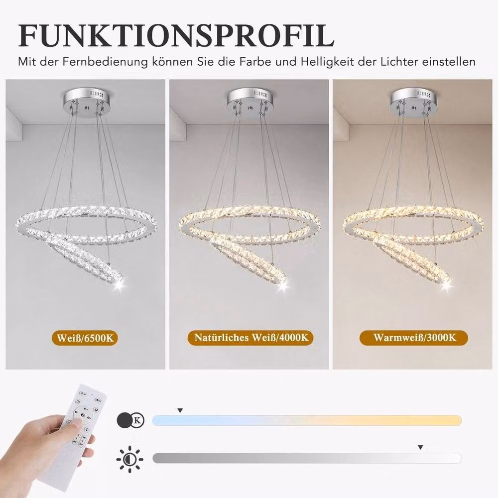 FLAVORA Modern Dual Ring Crystal LED Pendant Chandelier in Silver – 2