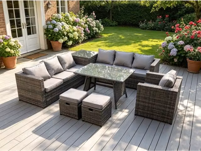 Fimous 7 Seater Anthracite Grey Rattan L-Shape Corner Sofa Set with Armchairs, Ottoman and Coffee Table – 1