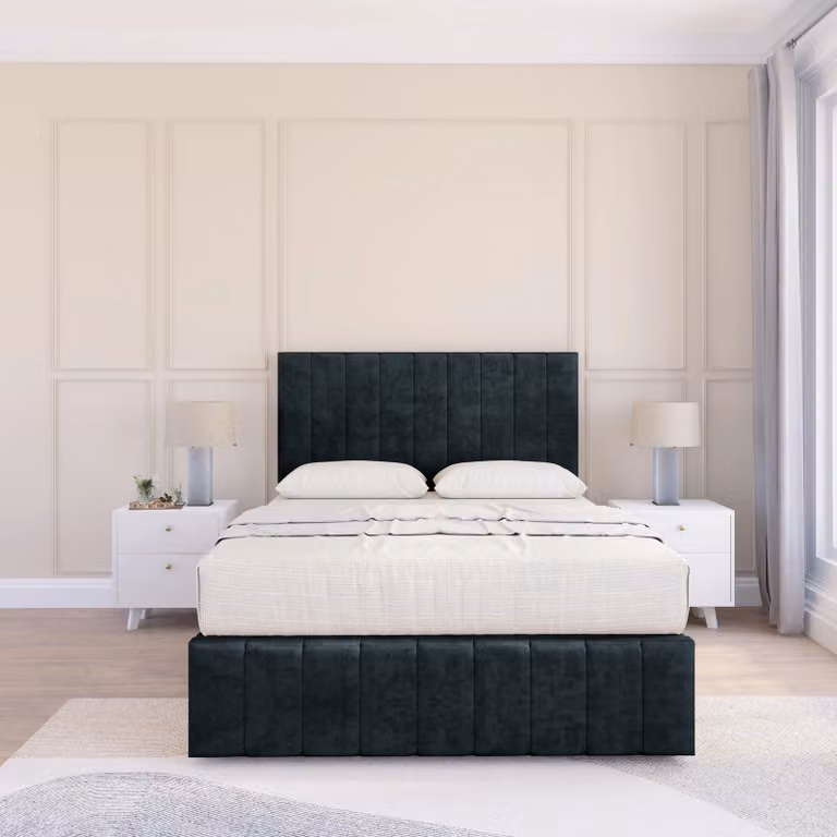 Sloomy California Divan Bed Base in Black Velvet with 12 inch Footboard and 54 inch Floor Standing Headboard, Small Double, W/D/H: 120 x 200 cm