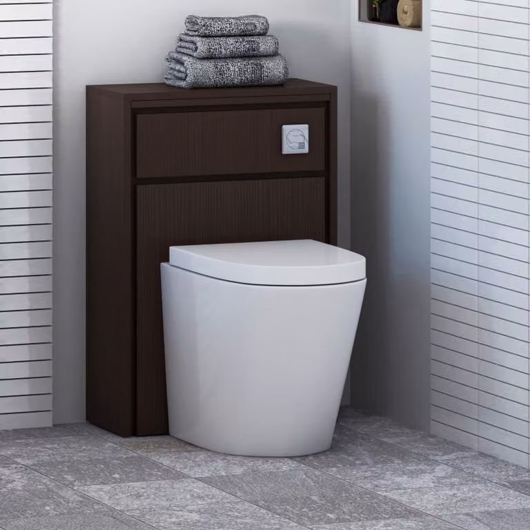 Livora BTW Wall Mounted WC Unit in Walnut Woodgrain with Cesar Rimless Ceramic Toilet Pan, Seat and Cistern, White and Brown