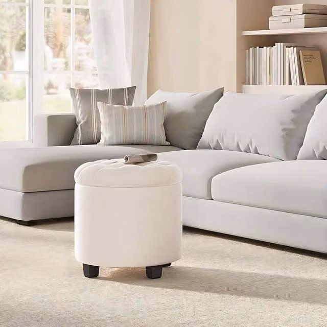 The Bazaarist Round Velvet Storage Ottoman in White