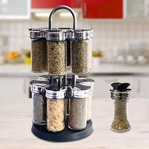 JINGYAN Rotating Spice Rack Organizer with 12 Glass Jars and Stainless Steel Accents, Black – 2