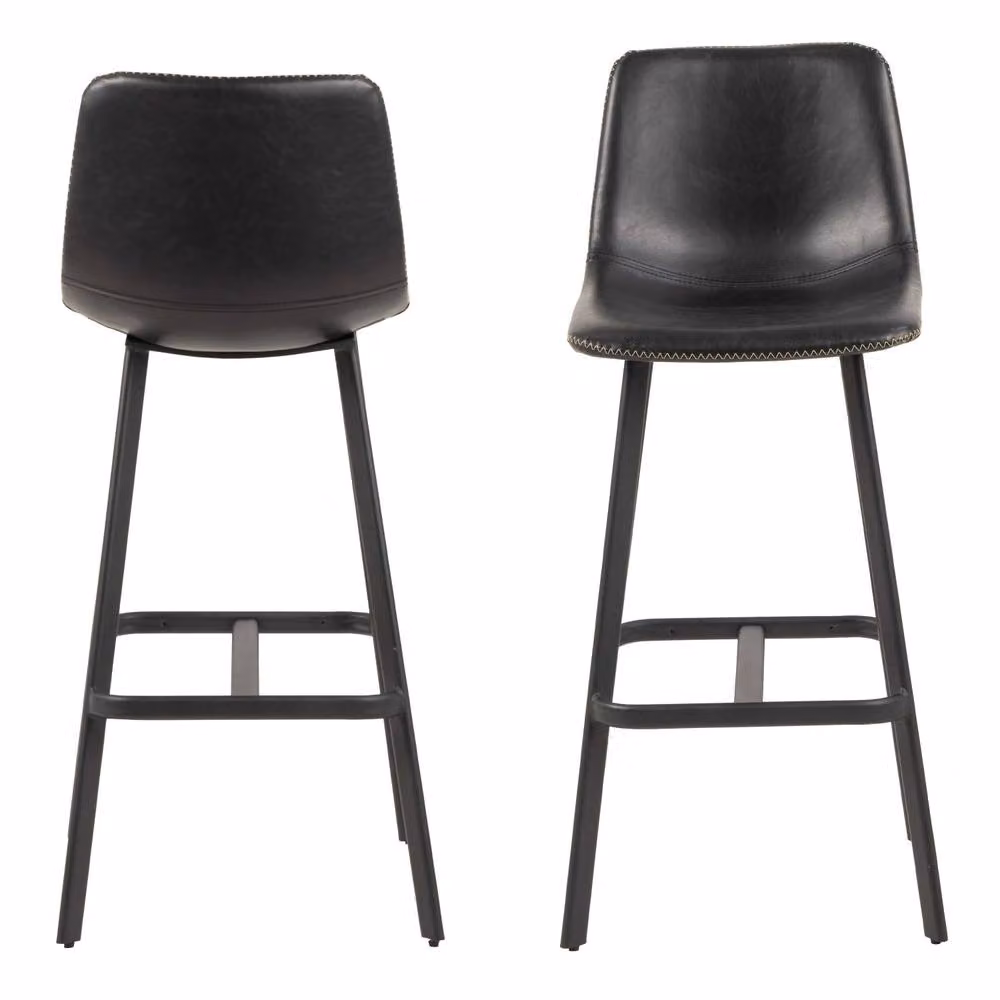 Wyld Haus Set of 2 Bogense Black Faux Leather Bar Stools with Cream Zig Zag Stitching – 3