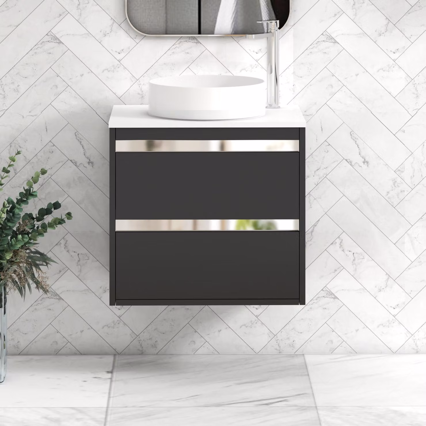 Royal Bathrooms Orion 600mm Wall Hung Vanity Unit with 2 Drawers, Matt Obsidian Black and White Countertop, and Art Basin with Chrome Accent Trim
