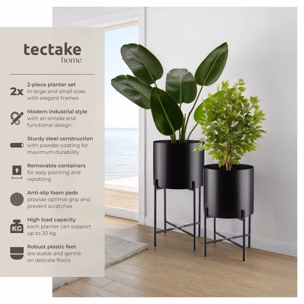 tectake Kalmar Set of 2 Modern Round Black Steel Plant Stands – 2