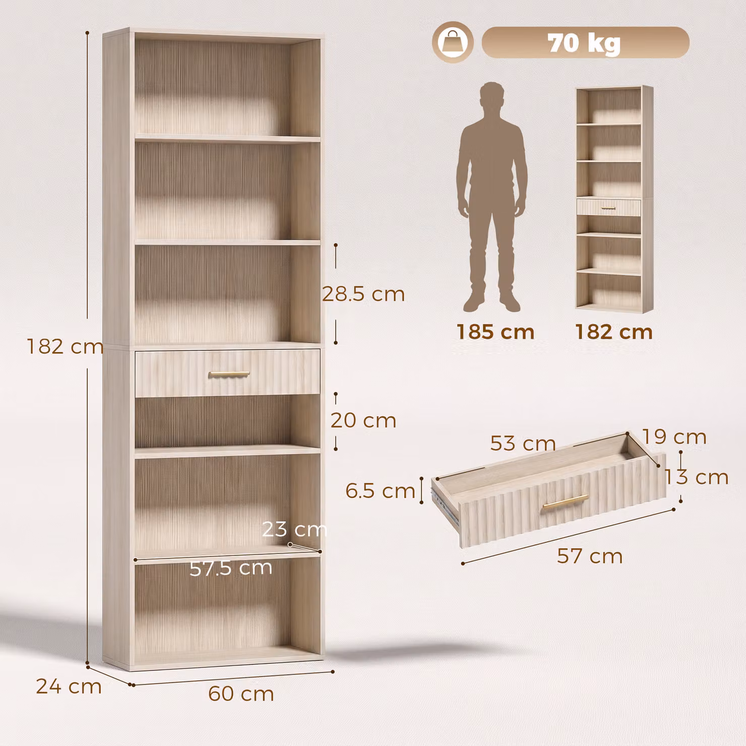 HOMCOM Narrow Tall Space-Saving Bookshelf with Drawer and Open Shelves, Oak Wood Effect, W: 60 cm, D: 24 cm, H: 182 cm – 3
