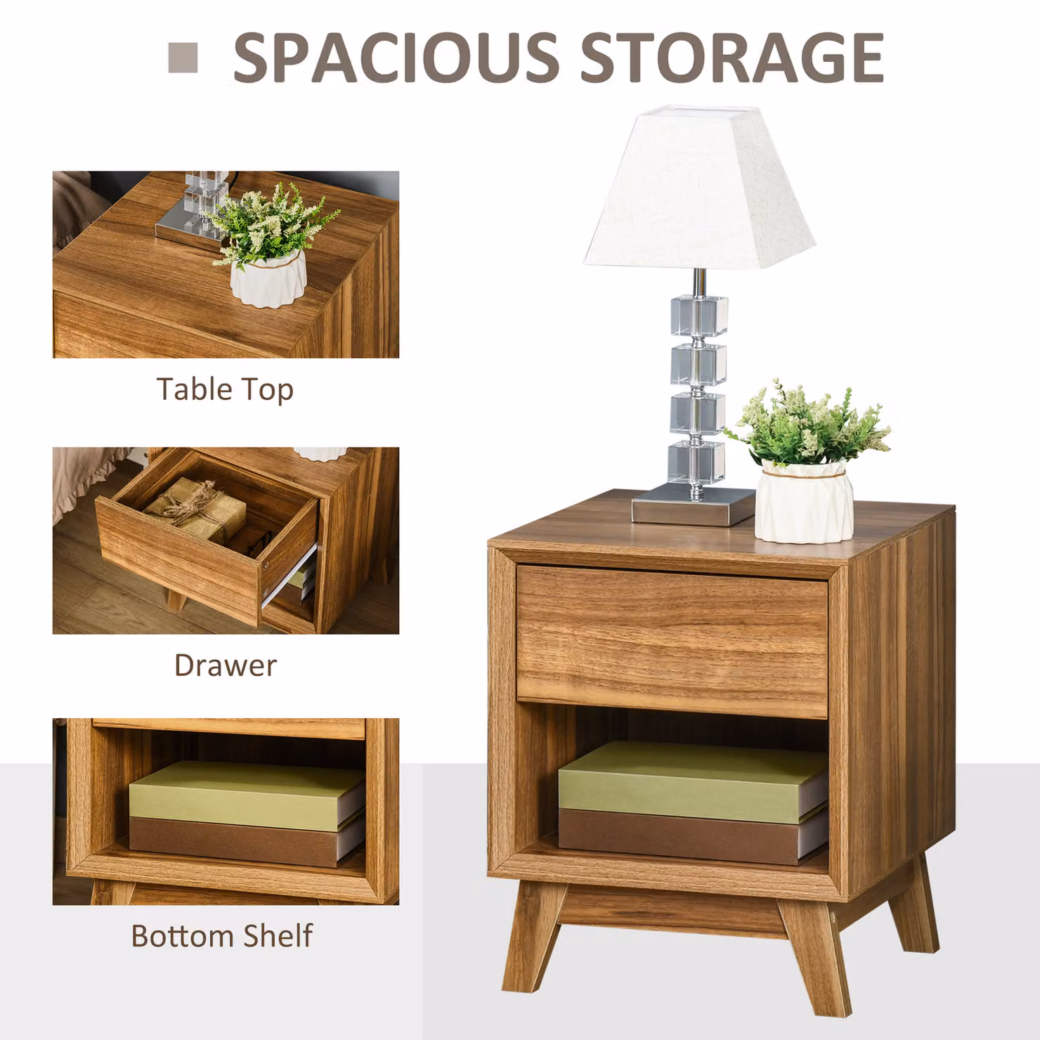 HOMCOM Modern Bedside Table and Nightstand with Drawer and Shelf in Walnut Brown – 5