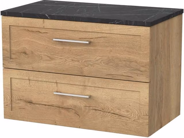 Balterley Stonnall 2 Drawer Wall Mounted Bathroom Vanity with Black Pietra Top, Autumn Oak Brown, Width: 80 cm