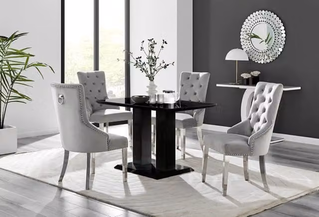 FurnitureboxUK Imperia Black Rectangular Glass Dining Table and 4 Belgravia Grey Upholstered Chairs