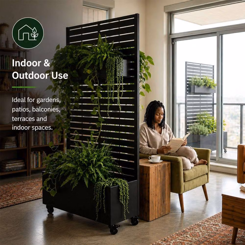 Nicoman Metal Indoor Outdoor Privacy Screen with Plant Pot, Horizontal Slats, Black, H 180 x W 90 x D 40 cm – 4