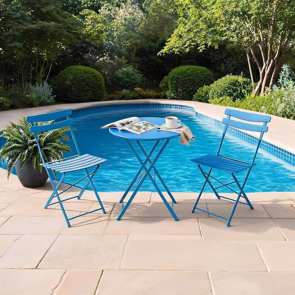 London Boutique 3-Piece Metal Bistro Set with Round Table and 2 Chairs in Matt Blue – 2