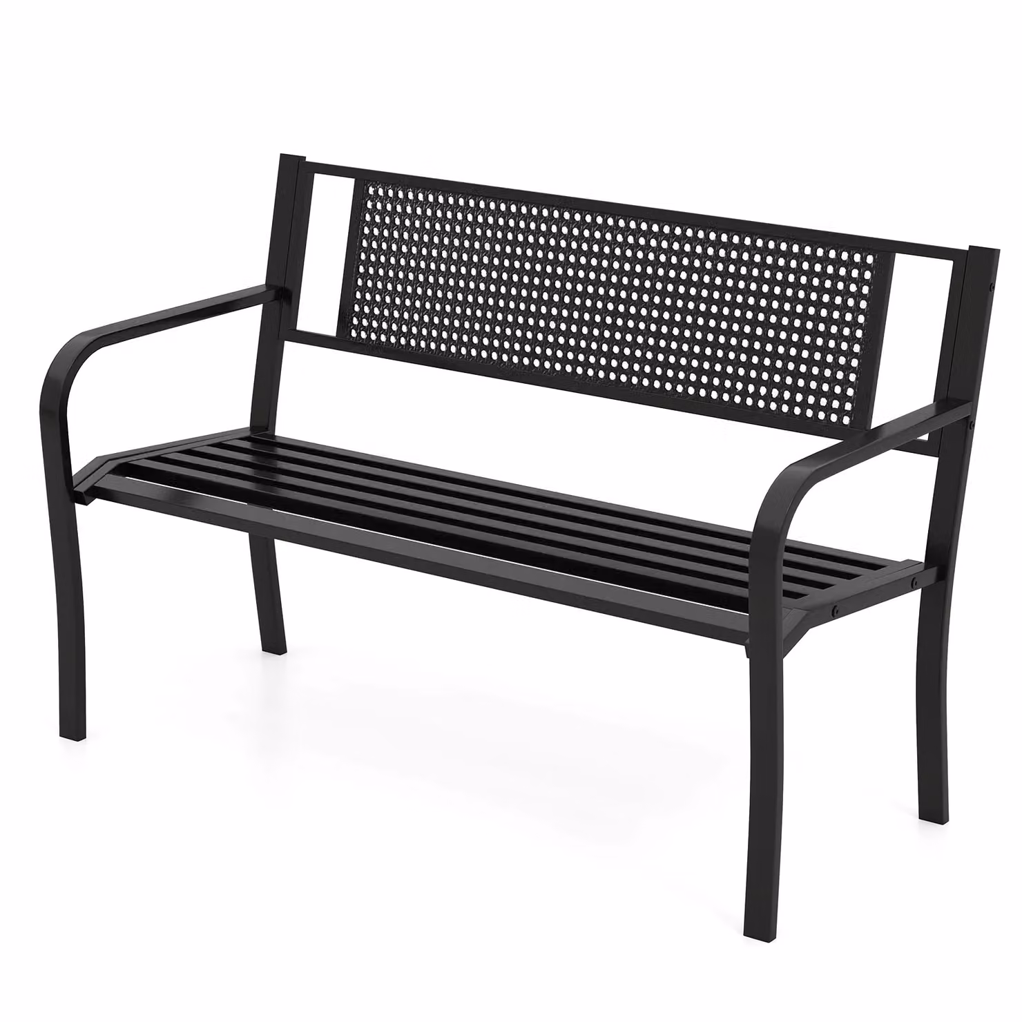 Gymax Black Metal Garden Bench with Geometric Patterned Backrest and Armrests, Width: 127 cm – 2