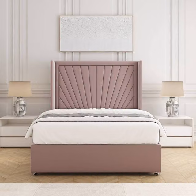 BSSPOKE Alina Divan Bed Set with 54 inch Headboard and Mattress in Pink Plush Velvet, Super King, W/D/H: 200 x 200 cm
