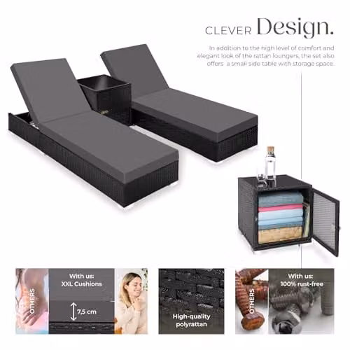 tectake 2-Seater Rattan Lounge Chair Set with Powder Coated Aluminium Frame and Weatherproof Cushions in Black, Beige or Grey – 3