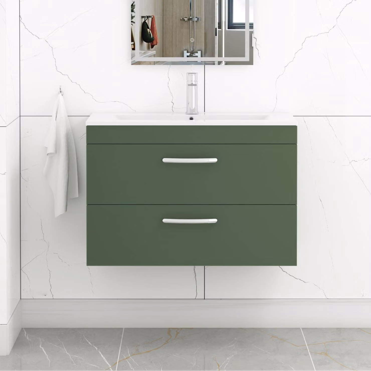Royal Bathrooms Turin 800mm Wall Hung Vanity Unit in Matt Green with 2 Drawers and Minimalist Basin