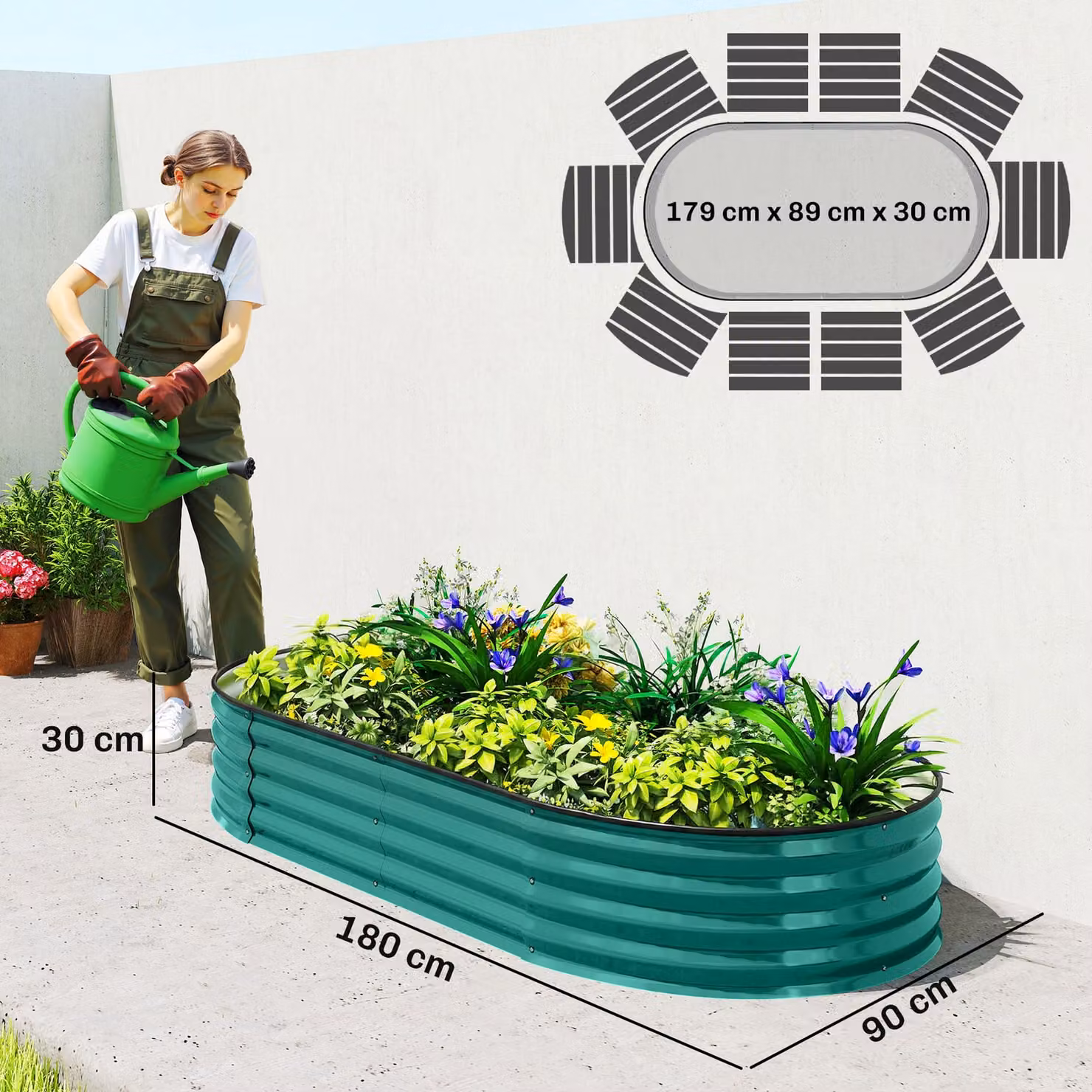 Outsunny Galvanised Steel Raised Garden Bed with Safety Edging in Green, W/D/H: 90 x 90 x 30 cm – 3